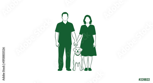 Couple and pet dog holding hands flat illustration