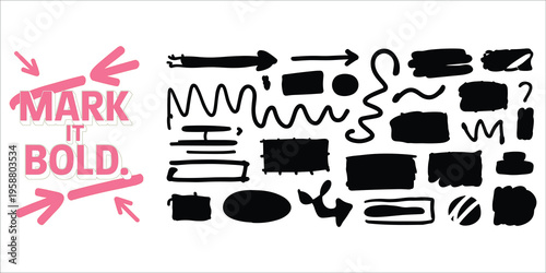 Pink Arrows Pointing To Bold Text With Hand Drawn Shapes And Lines Keywords: Mark it bold text, pink arrows, hand drawn shapes