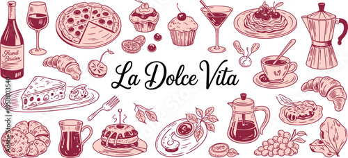 La Dolce Vita Italian Food and Drink Hand Drawn Doodle Illustration Collection vector