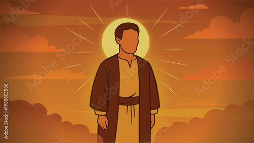 llustration, cinematic style, a calm righteous man standing with soft glowing light around him symbolizing faith and piety, simple traditional clothing, no facial details, warm sunset lighting, soft s