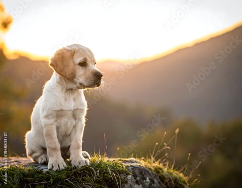 A golden-hued puppy, with soft fur, sits atop a rock, surveying the vibrant sunset over a mountain range