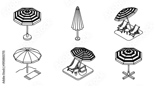 beach umbrella , 6 black line isometric 3d vector collection , white background , PNG and SVG isolate