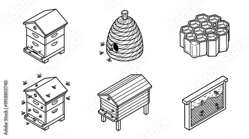 beehive , 6 black line isometric 3d vector collection , white background , PNG and SVG isolate