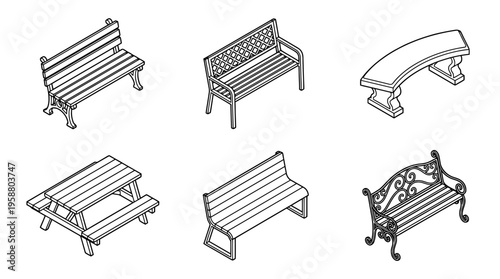 bench , 6 black line isometric 3d vector collection , white background , PNG and SVG isolate