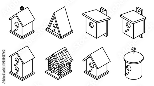bird house , 6 black line isometric 3d vector collection , white background , PNG and SVG isolate