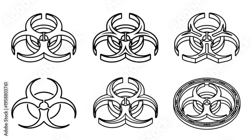 biohazard symbol , 6 black line isometric 3d vector collection , white background , PNG and SVG isolate