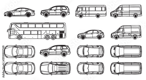 Vehicle Icon Set With Side and Top Views of Cars, Vans, Buses and Double-Decker Coach