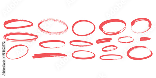 Set of hand drawn red oval shapes and brush strokes on a white background abstract border