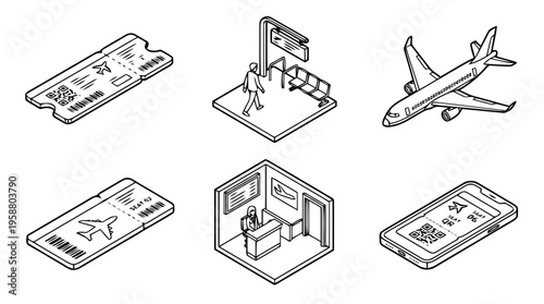 boarding pass , 6 black line isometric 3d vector collection , white background , PNG and SVG isolate