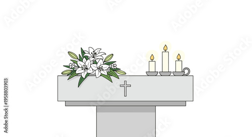 A grey altar with a cross, a bouquet of white lilies, and three lit candles is presented on a white background.