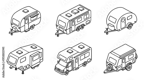 caravan , 6 black line isometric 3d vector collection , white background , PNG and SVG isolate