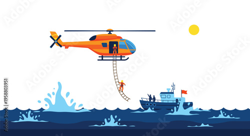 An orange rescue helicopter lowers a rescuer on a ladder towards a distressed blue boat in a choppy sea under a yellow sun.