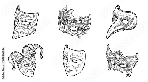 carnival mask , 6 black line isometric 3d vector collection , white background , PNG and SVG isolate