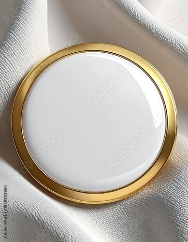 A gold-rimmed circular object with a white glossy center rests on textured white fabric. The object is smooth, reflective, and centered