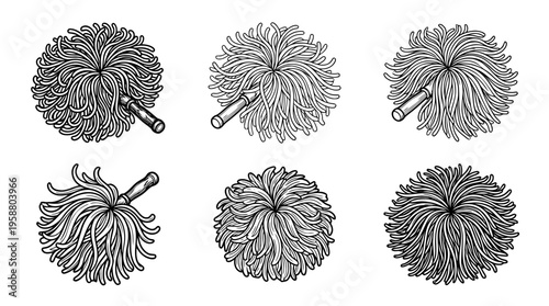 cheerleading pompom , 6 black line isometric 3d vector collection , white background , PNG and SVG isolate