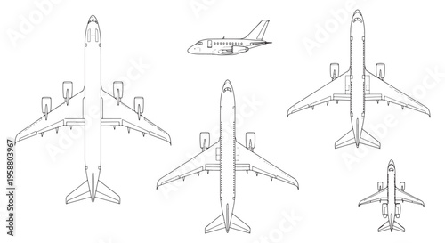 Airplane Top View Set — Aircraft Blueprint Silhouettes and Technical Line Drawings for Aviation Design