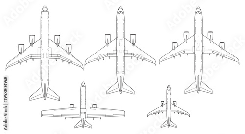 Airplane Top View Set — Aircraft Blueprint Silhouettes and Technical Line Drawings for Aviation Design