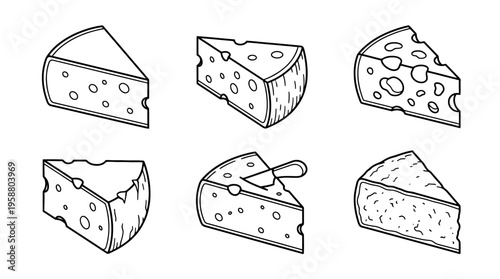 cheese wedge , 6 black line isometric 3d vector collection , white background , PNG and SVG isolate