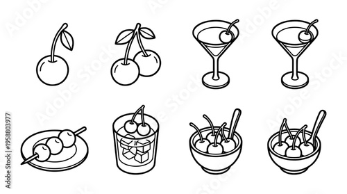 cherry garnish , 6 black line isometric 3d vector collection , white background , PNG and SVG isolate
