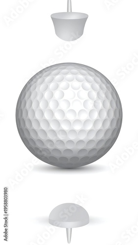 A golf ball with two tees, one above and one below, all isolated on a white background, suggesting equipment