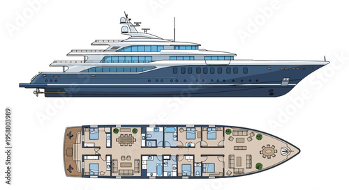 Luxury Motor Yacht Side Elevation and Deck Plan Illustration Showing Interior Layout and Outdoor Spaces