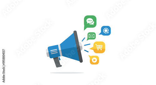 A blue megaphone emits colorful icons for speech, search, shopping, email, and media playback on a white background.