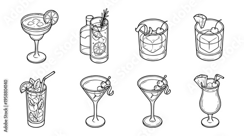 cocktail drink , 6 black line isometric 3d vector collection , white background , PNG and SVG isolate