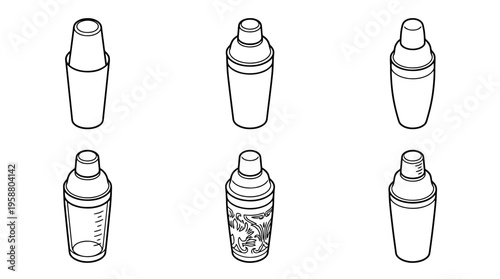 cocktail shaker , 6 black line isometric 3d vector collection , white background , PNG and SVG isolate