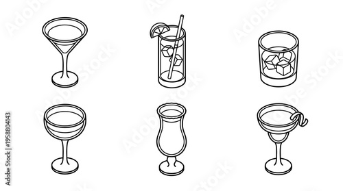 cocktail glass , 6 black line isometric 3d vector collection , white background , PNG and SVG isolate