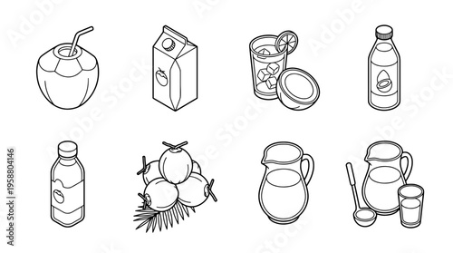 coconut water , 6 black line isometric 3d vector collection , white background , PNG and SVG isolate