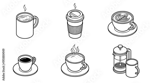 coffee cup , 6 black line isometric 3d vector collection , white background , PNG and SVG isolate