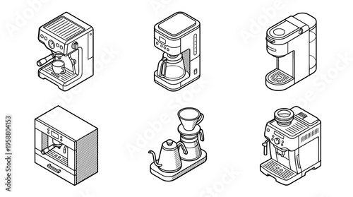 coffee machine , 6 black line isometric 3d vector collection , white background , PNG and SVG isolate