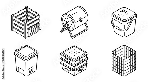 compost bin , 6 black line isometric 3d vector collection , white background , PNG and SVG isolate
