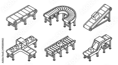conveyor belt , 6 black line isometric 3d vector collection , white background , PNG and SVG isolate