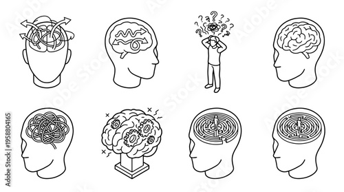 confused mind , 6 black line isometric 3d vector collection , white background , PNG and SVG isolate
