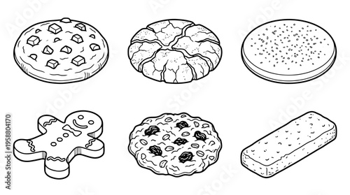 cookie , 6 black line isometric 3d vector collection , white background , PNG and SVG isolate
