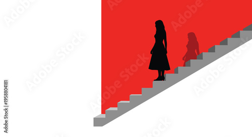 A black silhouette of a woman stands on a staircase with a red wall behind her, casting a red shadow.