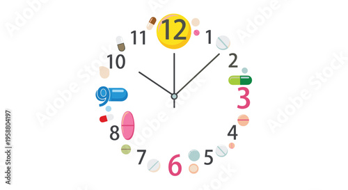 A clock face uses various pills and capsules as numbers, with a yellow circle at twelve, set against a white background.
