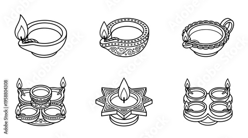 diwali lamp , 6 black line isometric 3d vector collection , white background , PNG and SVG isolate