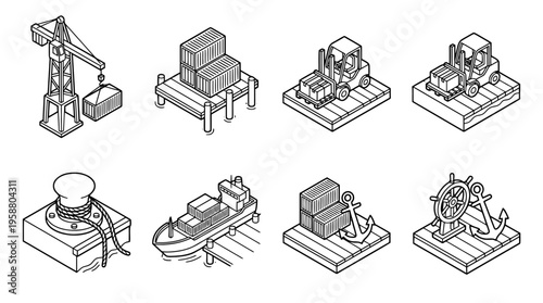 dock , 6 black line isometric 3d vector collection , white background , PNG and SVG isolate