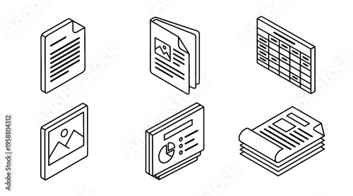 document file , 6 black line isometric 3d vector collection , white background , PNG and SVG isolate