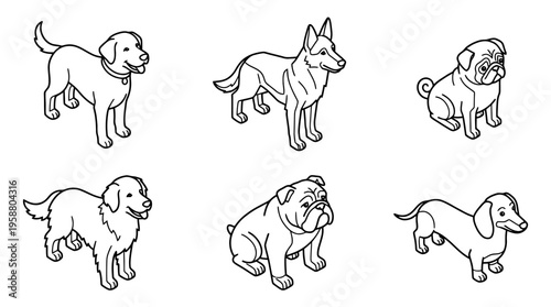 dog , 6 black line isometric 3d vector collection , white background , PNG and SVG isolate
