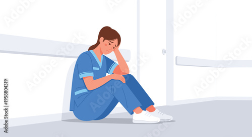A tired female nurse in blue scrubs sits on the floor with her head in her hand in a hospital corridor.