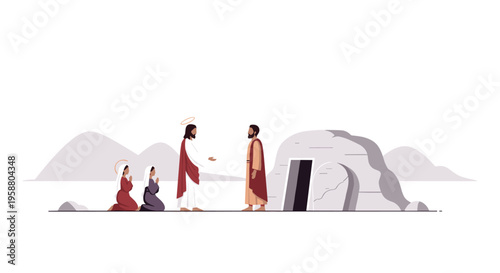 Jesus stands with two kneeling women facing a man by an open tomb with mountains in the background.