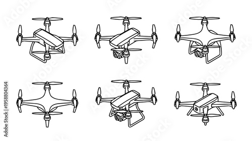 drone quadcopter , 6 black line isometric 3d vector collection , white background , PNG and SVG isolate