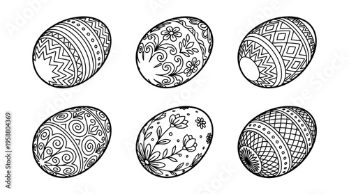 easter egg , 6 black line isometric 3d vector collection , white background , PNG and SVG isolate