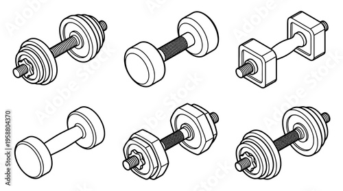 dumbbell , 6 black line isometric 3d vector collection , white background , PNG and SVG isolate