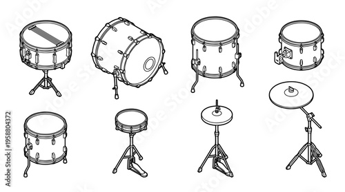 drums , 6 black line isometric 3d vector collection , white background , PNG and SVG isolate