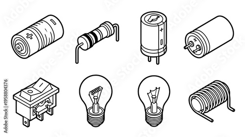 electric circuit , 6 black line isometric 3d vector collection , white background , PNG and SVG isolate