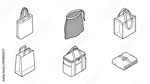 eco bag , 6 black line isometric 3d vector collection , white background , PNG and SVG isolate